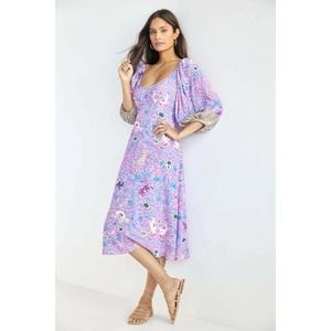 Anthropologie Plenty by Tracy Reese Puff Sleeve Pink Midi Dress Size Large